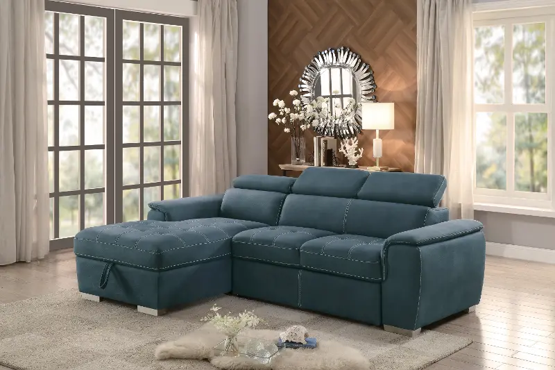 Ferriday Blue Sectional with Pullout Sofa Bed and Storage