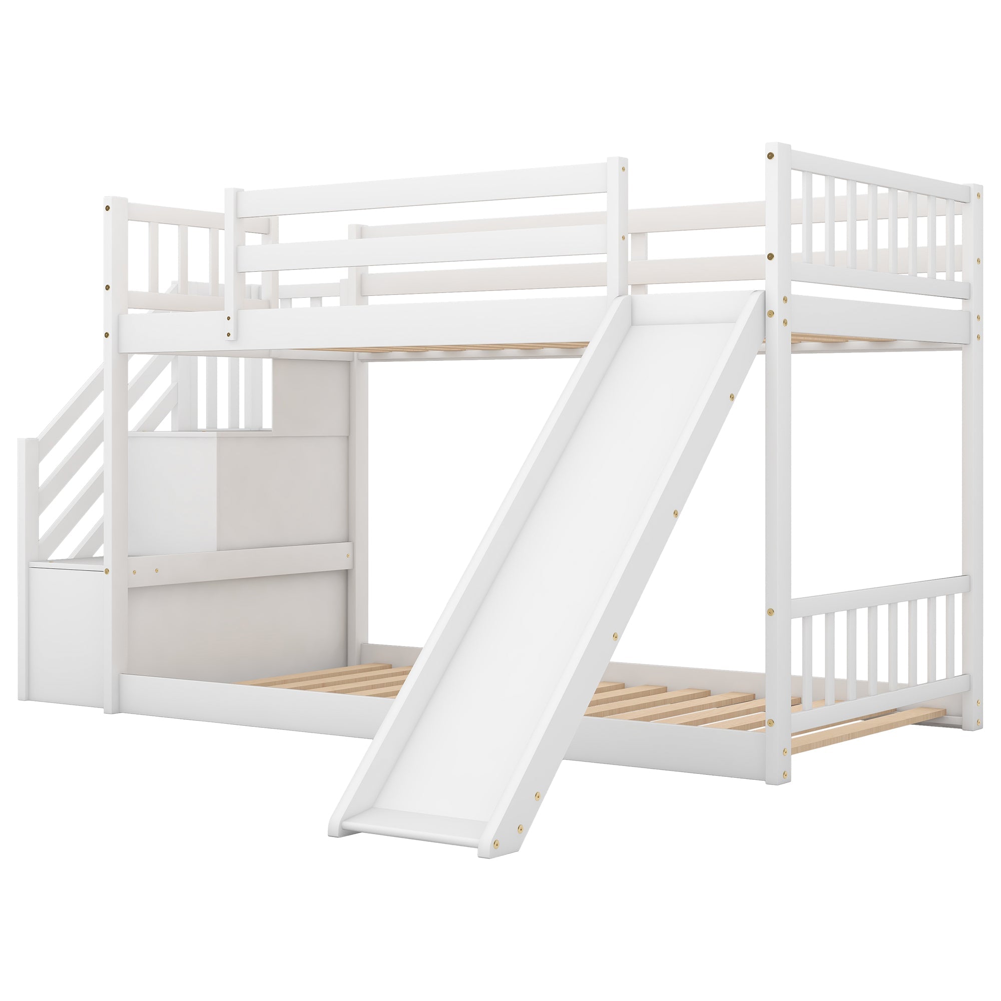 Euroco Twin over Twin Bunk Bed with Slide and Stairway for Kids' Room, White