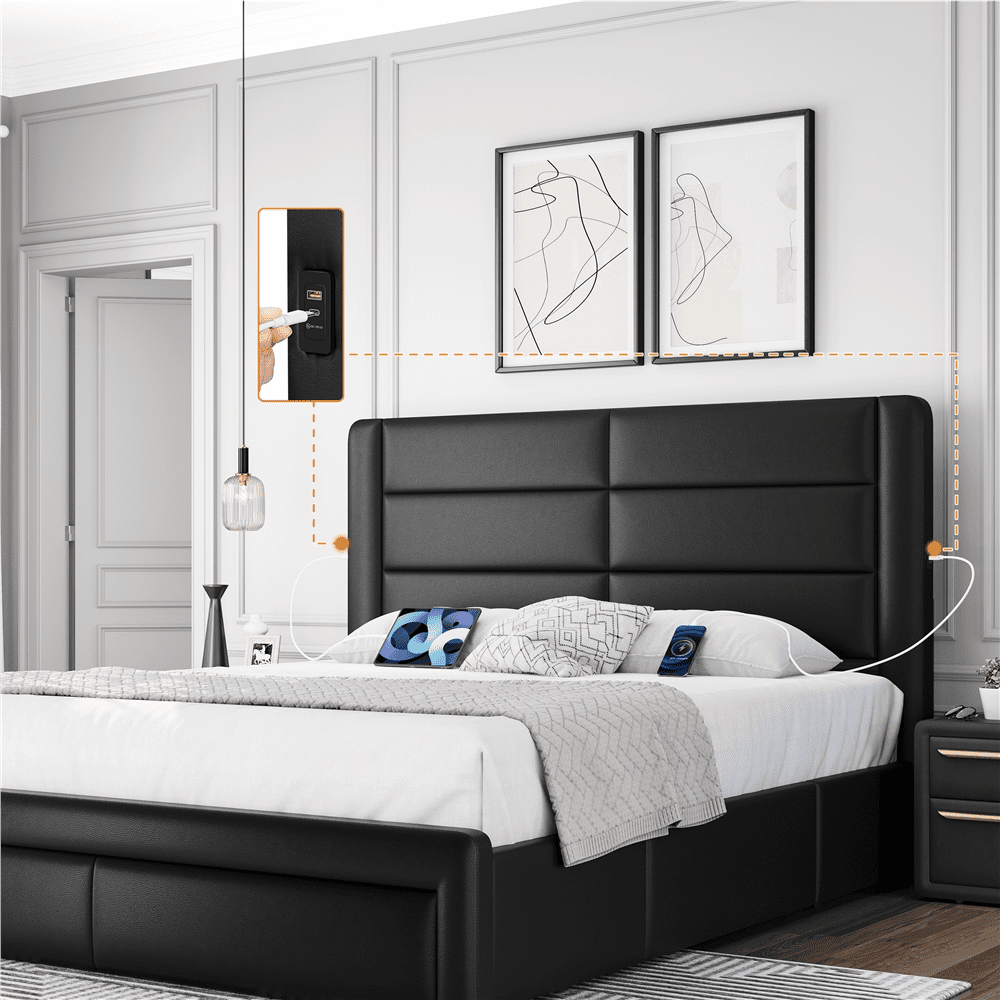 Topeakmart Queen Upholstered Leather Bed Frame with 3 Storage Drawers and Built-In USB Ports, Black