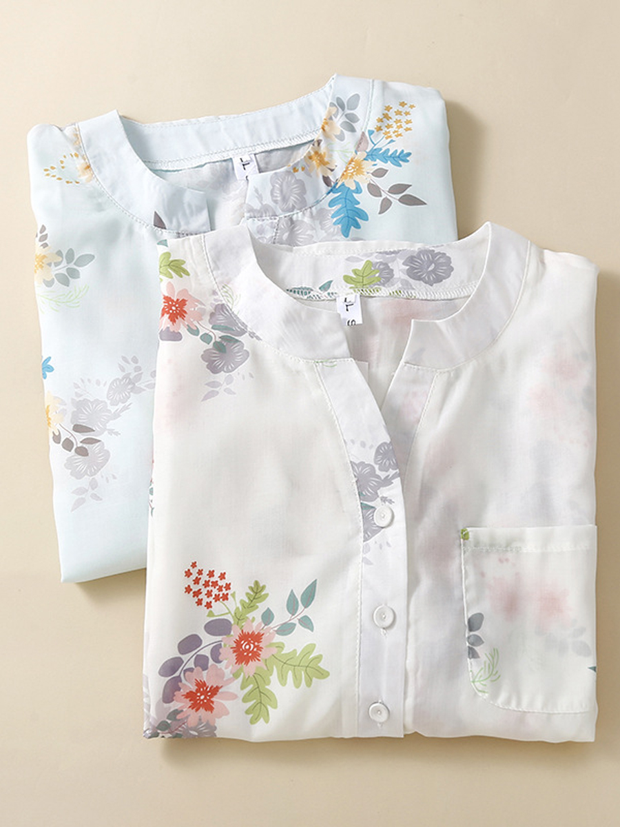 Casual Floral Print Cotton Linen Crew Neck Short Sleeve Blouse