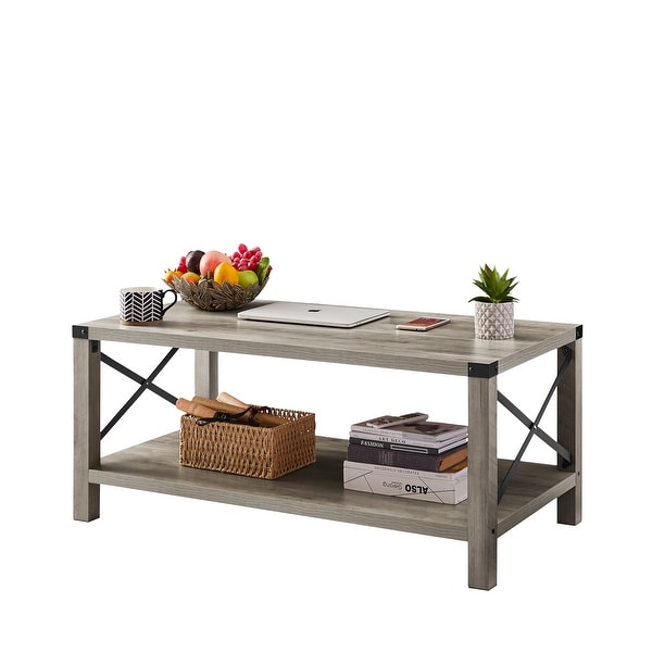 2-Tier Modern Farmhouse Coffee Table， Wood Rectangle Cocktail Table with Metal X- Frame ( 40.94