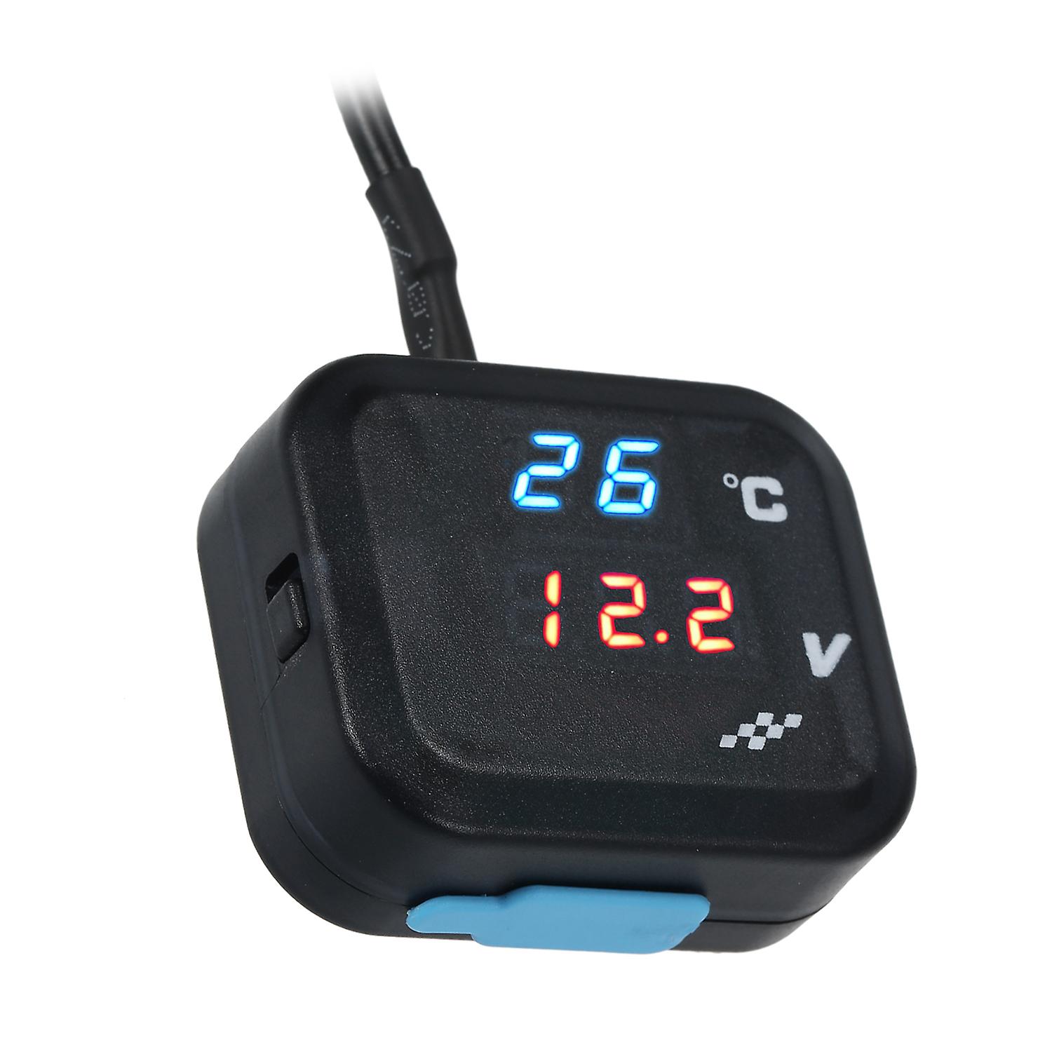 Black Digital Voltage Temperature Monitor Tester Motorcycle Battery Voltmeter Thermometer Detector Temperature Voltage Meter Gauge With Blue/red Light