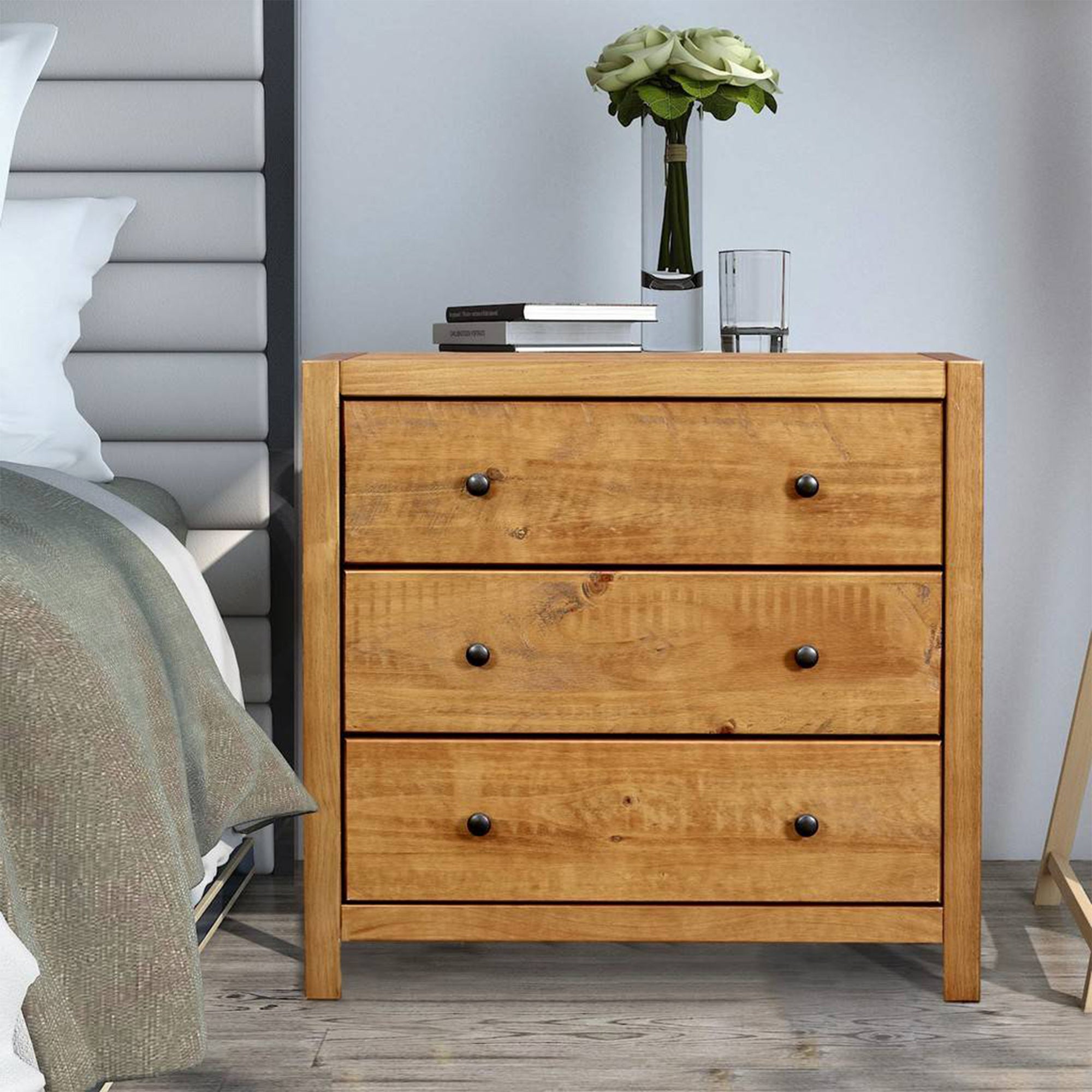 MUSEHOMEINC Rustic Wooden 3 Drawer Storage Dresser Nightstand, Oak Finish