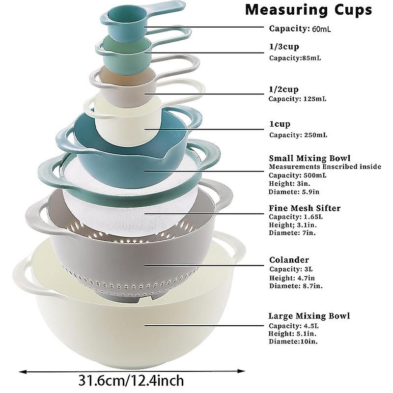 8PCS Mixing Bowl Set includes 2 Mixing Bowl 1 Colander 1 Sifter 4 Measuring Cups Space Saving