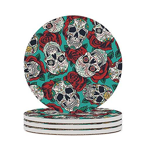 Round Drink Coasters 2 Pcs Roses Skulls Absorbent Ceramic Coaster With Cork Base For Coffee Cups Housewarming Gift For Home Decor