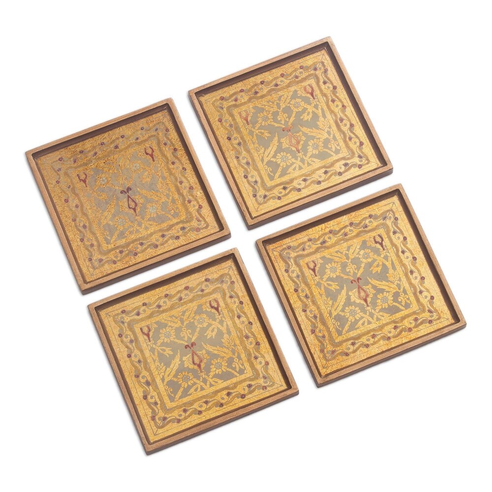 NOVICA Artisan Handblown Reverse Painted Glass Coasters Floral Goldtone Wood Peru Tableware 'Colonial Gold'(Set of 4)