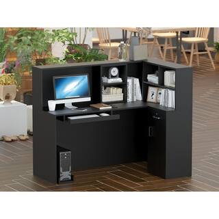 FUFUGAGA 55.9 in. L Shaped Black Wood Computer Desk with 5-Shelves Drawer and Cabinet Writing Table Workstation Reception Desk WFKF210088-02