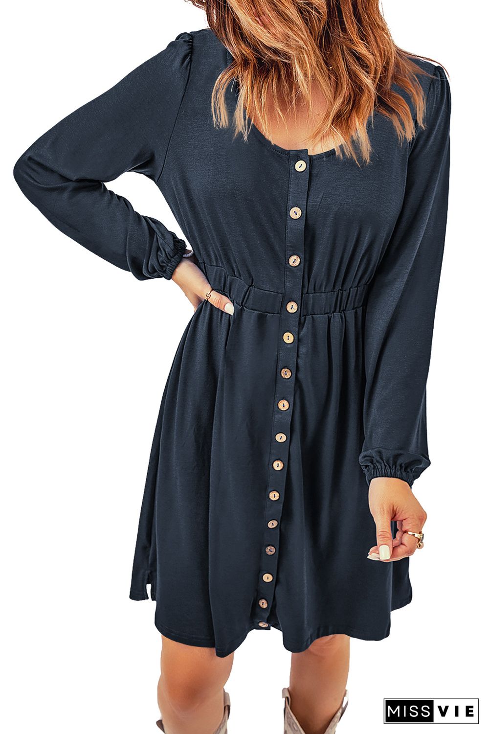 Dark Blue Button Up High Waist Long Sleeve Dress