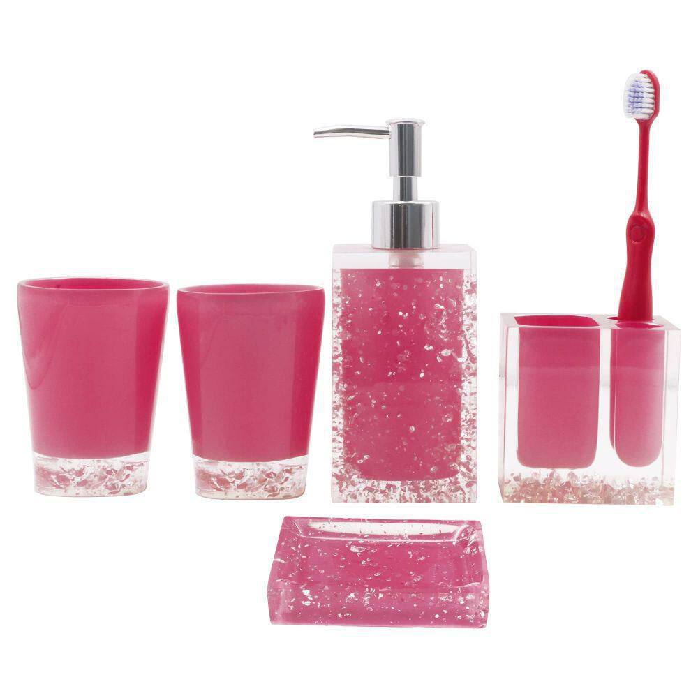 Dracelo 5-Piece Bathroom Accessory Set with Soap Dish Soap Dispenser Toothbrush Holder Tumbler in Pink B018W1EDVK