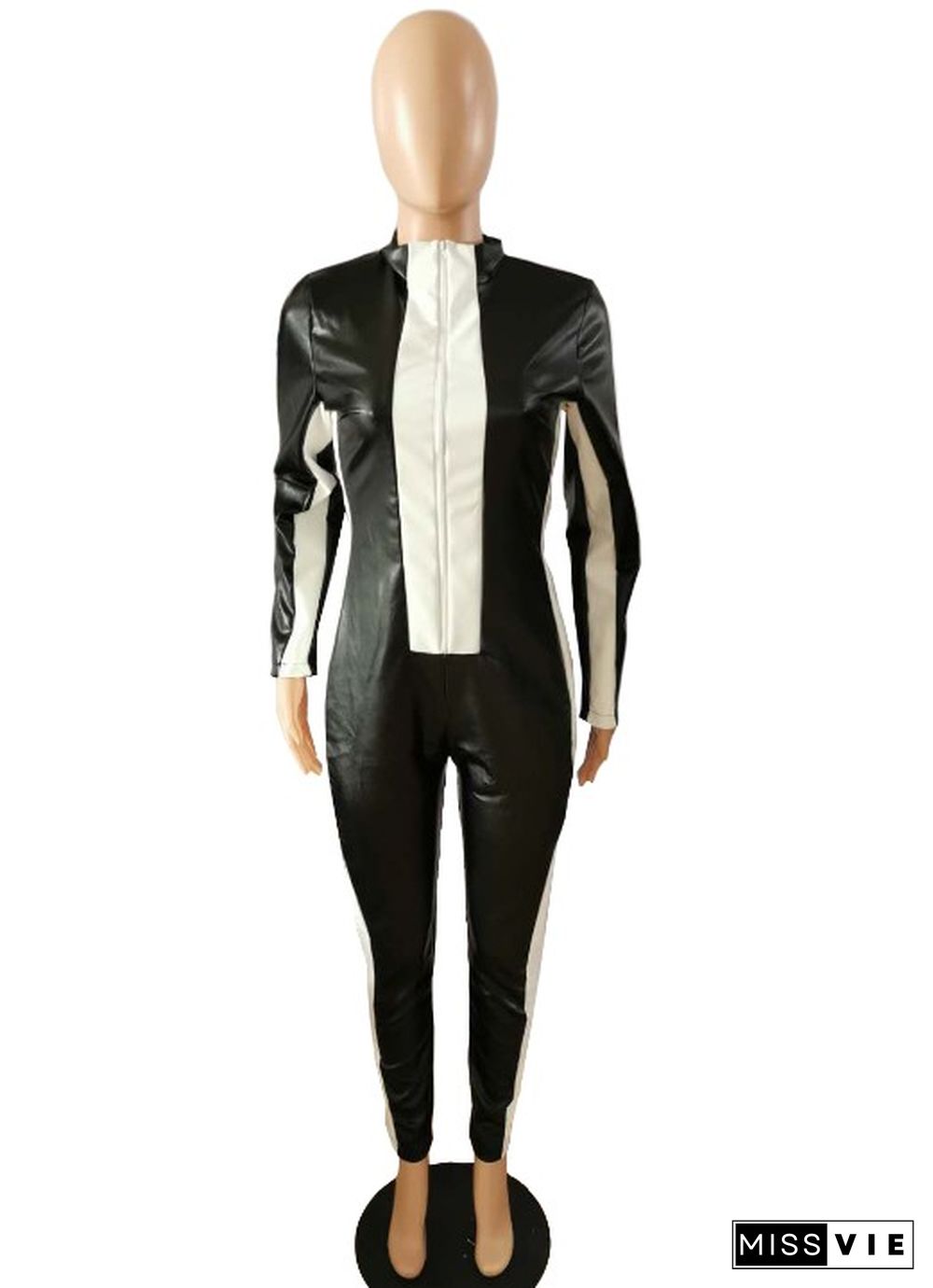 Sexy PU Bright Leather Long Sleeve Front Zipper Jumpsuit