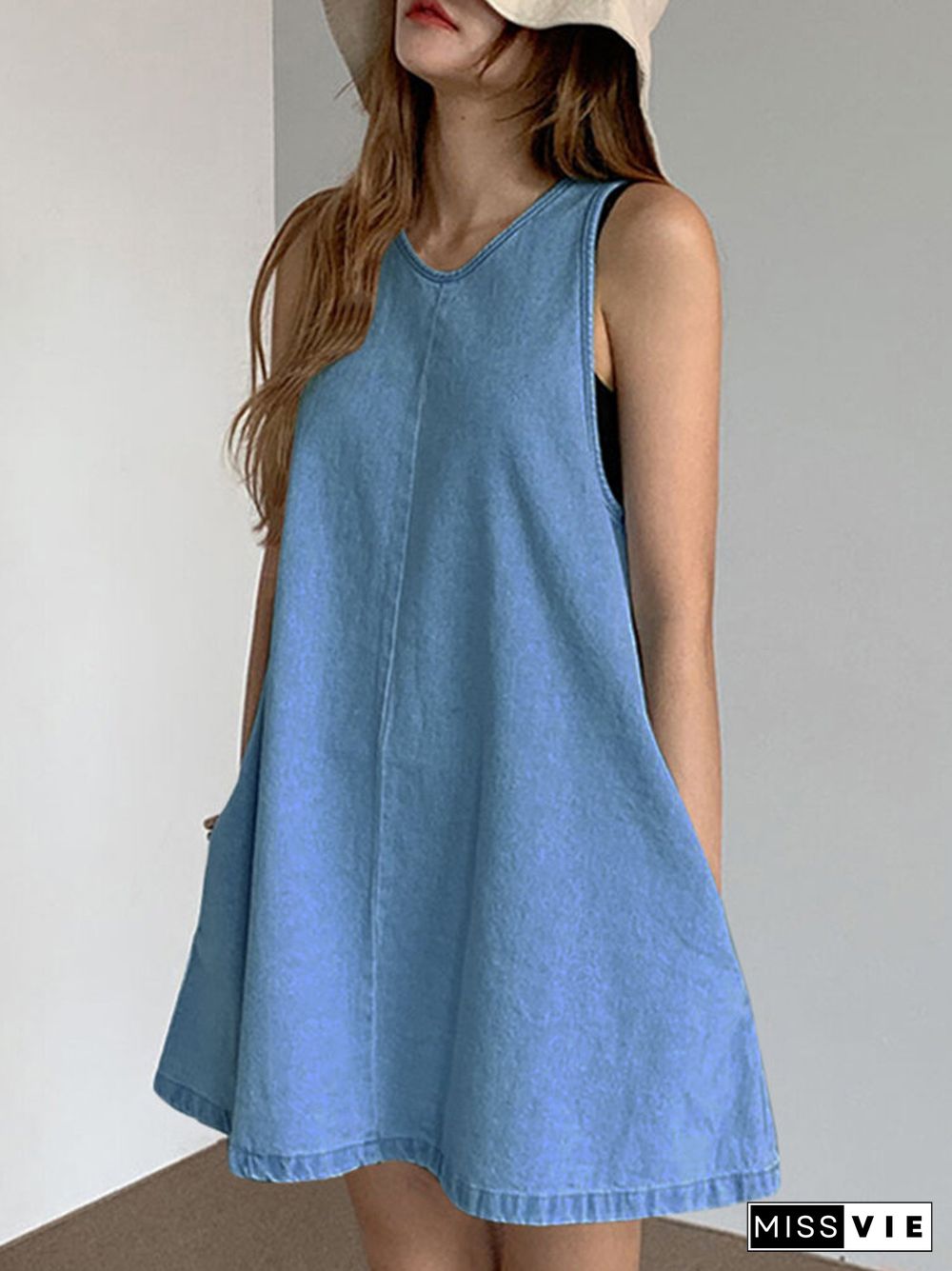 Solid A-line Pocket Sleeveless Crew Neck Denim Casual Dress