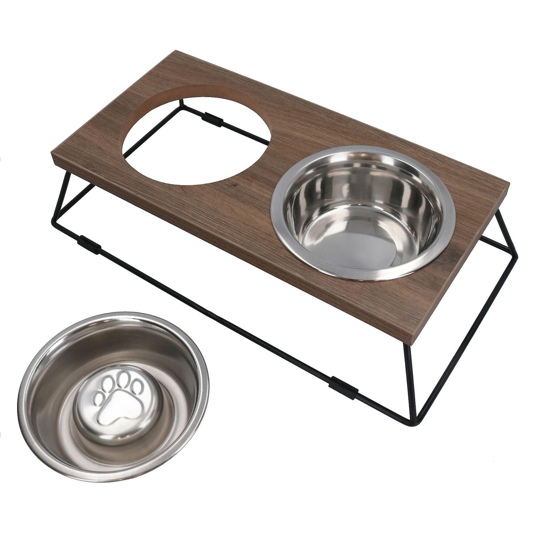 Dog Pet Puppy Slow Feeder Wooden Double Diner Raised Food Water Bowl