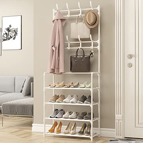 4-Tier Entryway Coat Rack with Shelf 3 in 1 Coat Rack Storage Rack with 8 Double Hooks， White