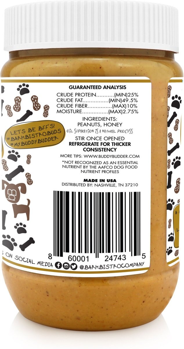 Bark Bistro Company Buddy Budder Ruff Ruff Raw Peanut Butter Lickable Dog Treats， 17-oz jar