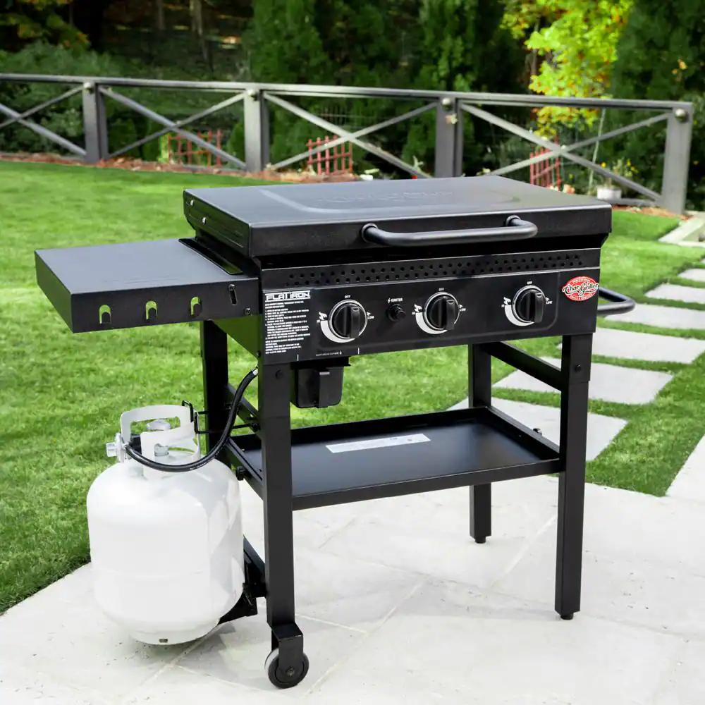 Char-Griller E8428 Flat Iron 3-Burner Outdoor Griddle Gas Grill with Lid in Black