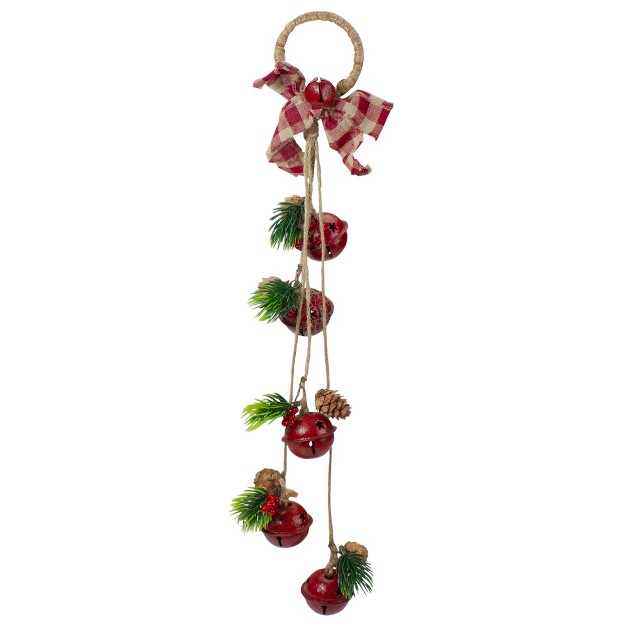 Pine And Red Jingle Bell Christmas Door Hanger With Plaid Bow