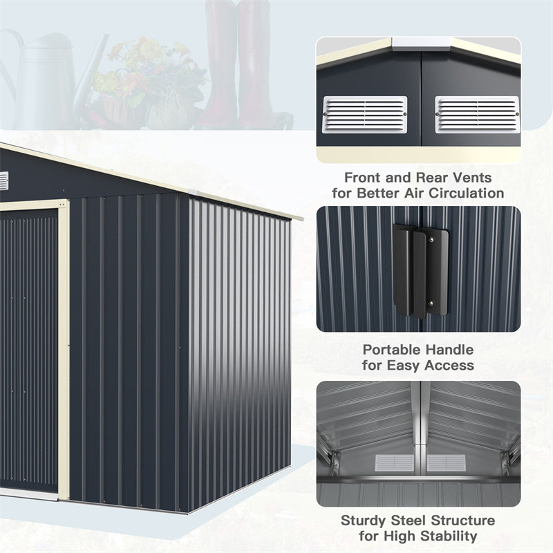 9 x 6 FT Outdoor Metal Storage Shed with 4 Air Vents & Sliding Double Lockable Doors, Backyard Tool Shed Garden Storage House