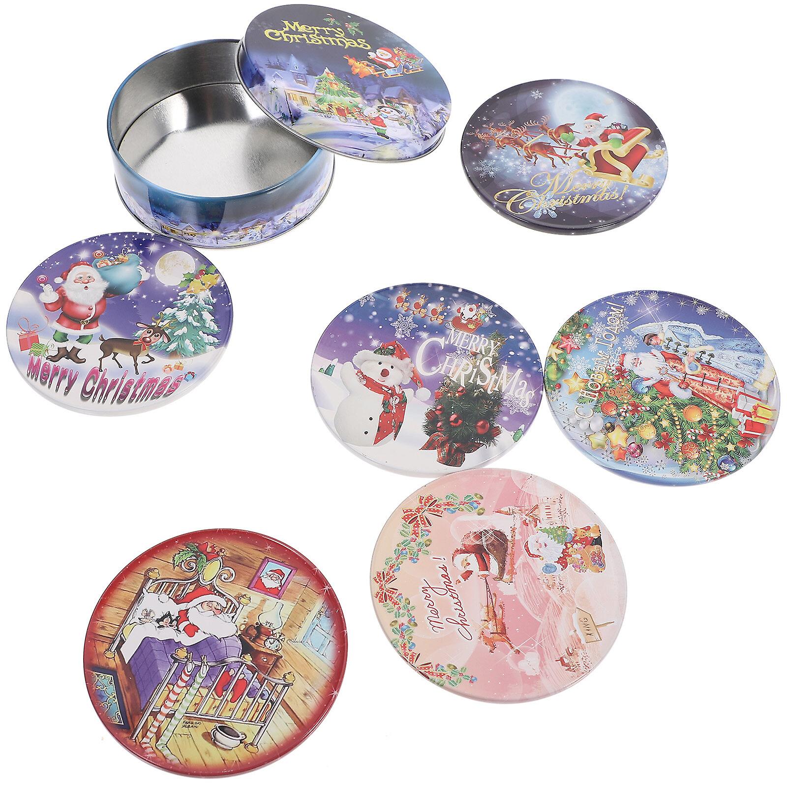 6pcs Christmas Coasters Round Tinplate Coasters Drink Cups Mat Table Decor