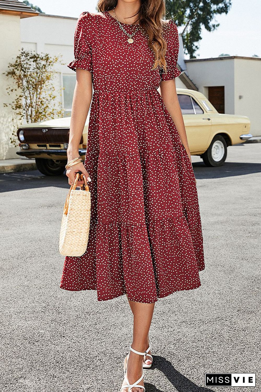 Polkadot Print Puff Sleeve Long Dress Wholesale