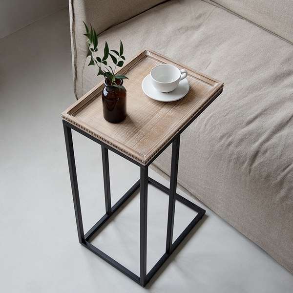 COZAYH Farmhouse C Table End Table， Distressed Beaded Edge Tray Top Side Table