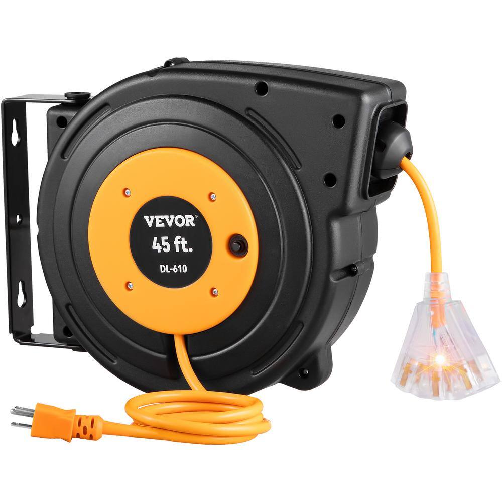 VEVOR Retractable Extension Cord Reel 45 ft. 15 Amp 12AWG3C SJTOW Power Cord w Lighted Outlet 180 Bracket Wall Mount Black SSSJXQMC45FT164EXV1