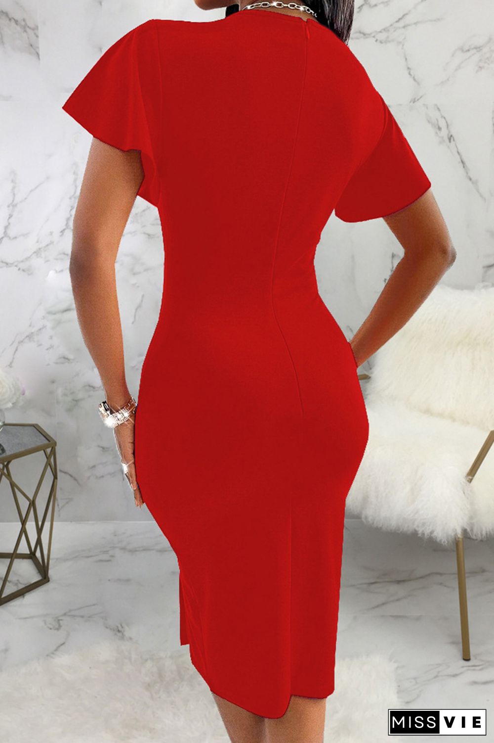 Elegant Solid Patchwork Slit Zipper O Neck Wrapped Skirt Dresses