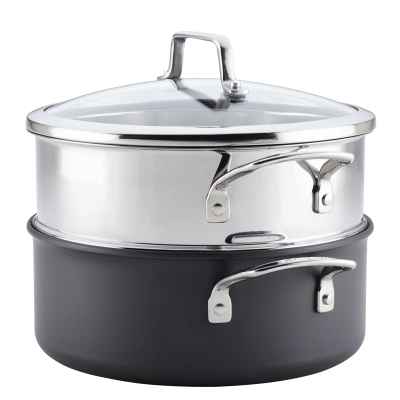 Anolon 81059 Authority Hard-Anodized Nonstick Covered Dutch Oven with Steamer Insert， 5-Quarts， Gray