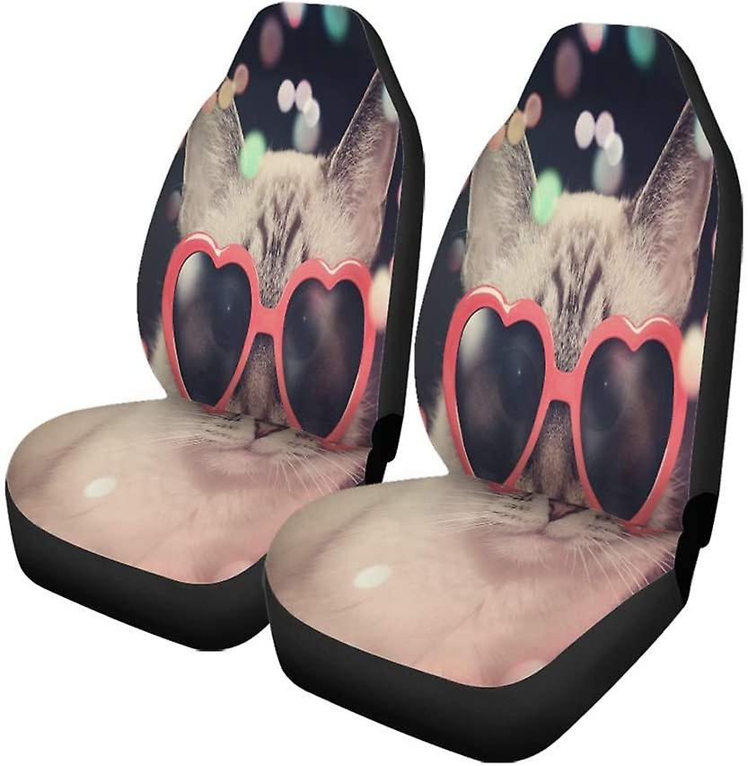 Set Of 2 Car Seat Covers Heart Shaped Glasses Cat Universal Auto Front Seats Protector Fits For Car，suv Sedan，truck