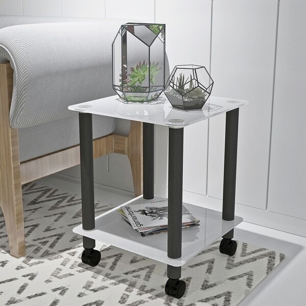 2 Tier End Side Table on Wheels with Storage Nightstand