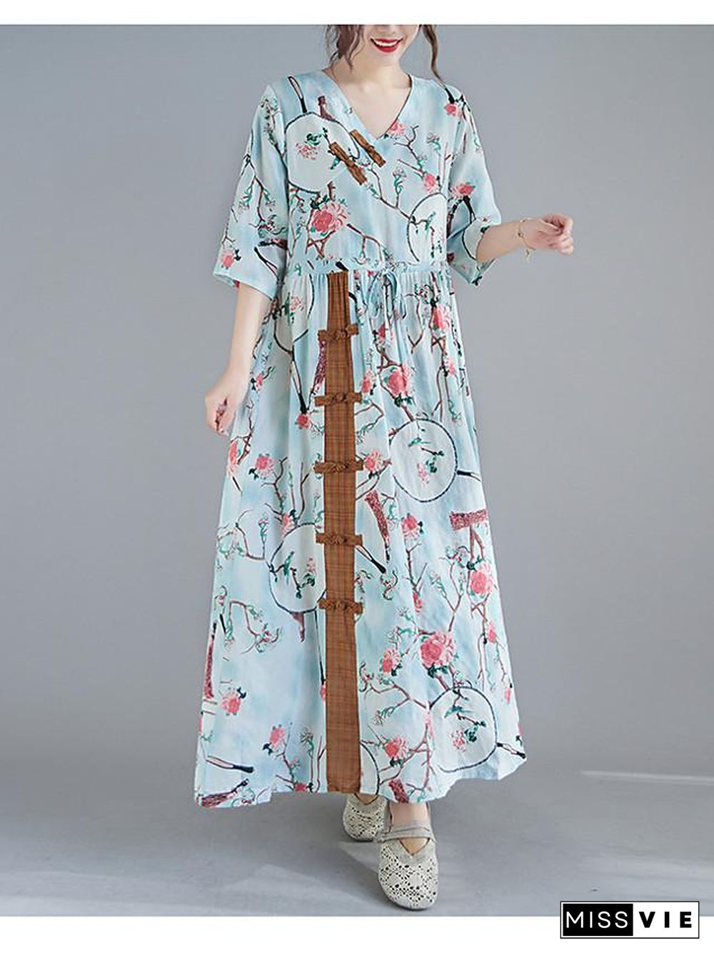 Women's Swing Dress Maxi long Dress 3/4 Length Sleeve Floral Spring Summer Casual Blushing Pink Light Blue M L XL XXL