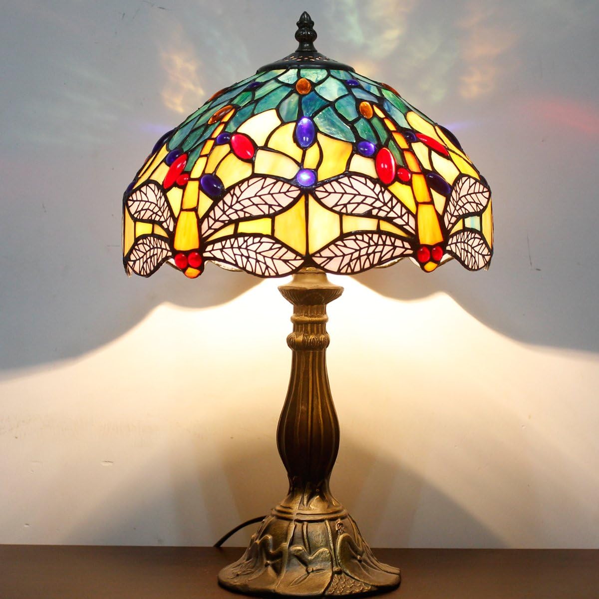 GEDUBIUBOO Tiffany Lamp Sea Blue Yellow Stained Glass Dragonfly Style Table Lamp Nautical Reading Desk Bedside Light 12X12X18 Inches Decor Bedroom Living Room  Office S128 Series