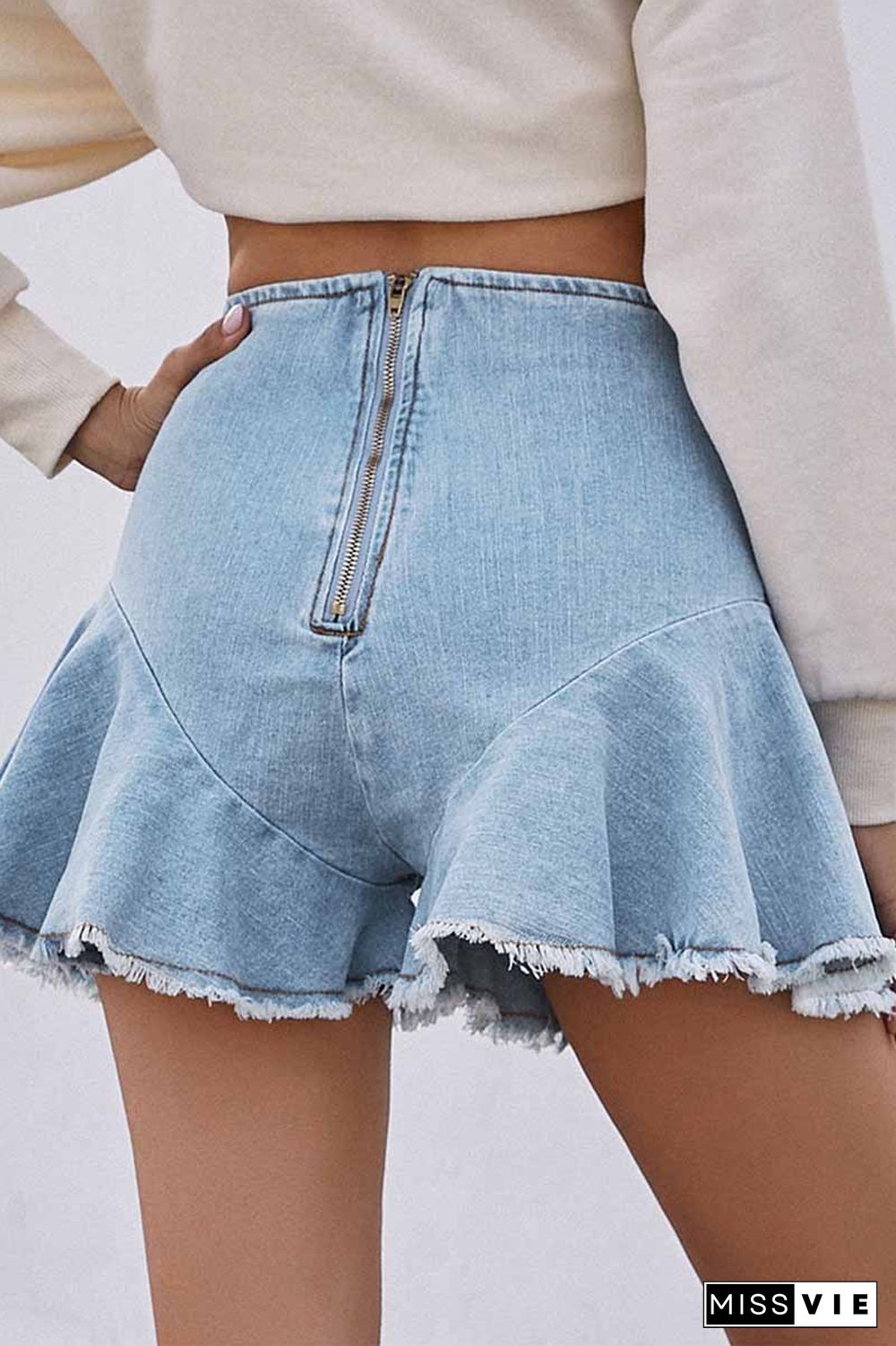 High-Waisted Commuter Denim Ruffled Zipper Shorts