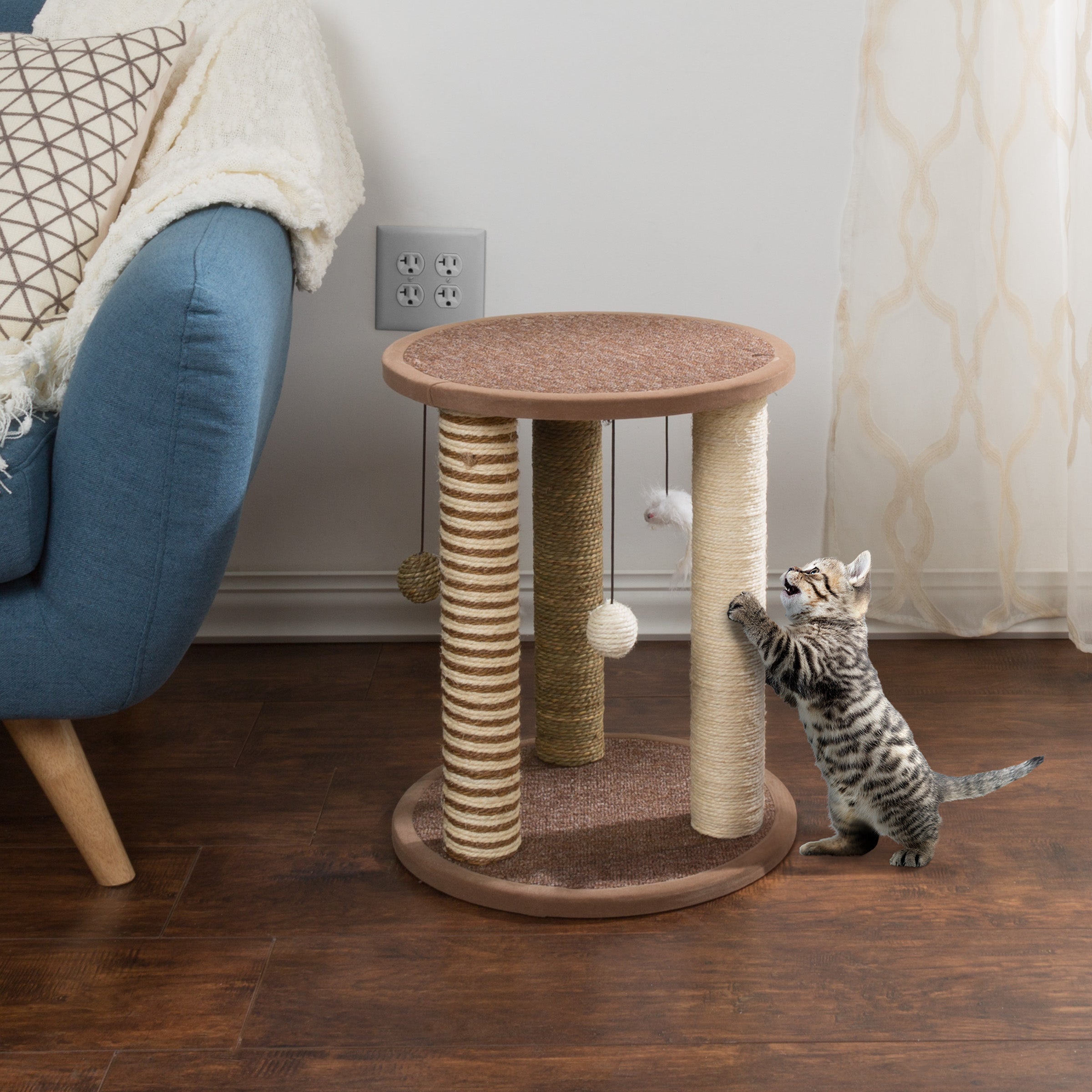 Cat Scratching Post Tower with 3 Scratcher Posts， Carpeted Base Play Area and Perch – Furniture Scratching Deterrent for Indoor Cats by PETMAKER