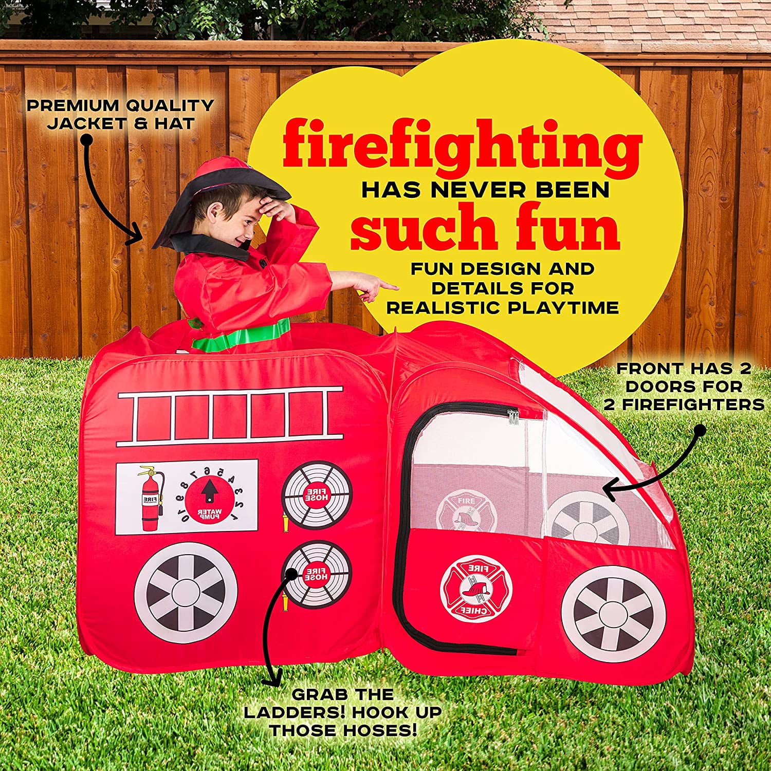 Fire Truck Pop Up Play Tent | Siren Sound Button | Firefighter Costume, Jacket and Hat– Red Fire Engine Playhouse for Kids, Toddlers, Boys, Indoors and Outdoors – Quick Setup Pretend Play Toys and Gift