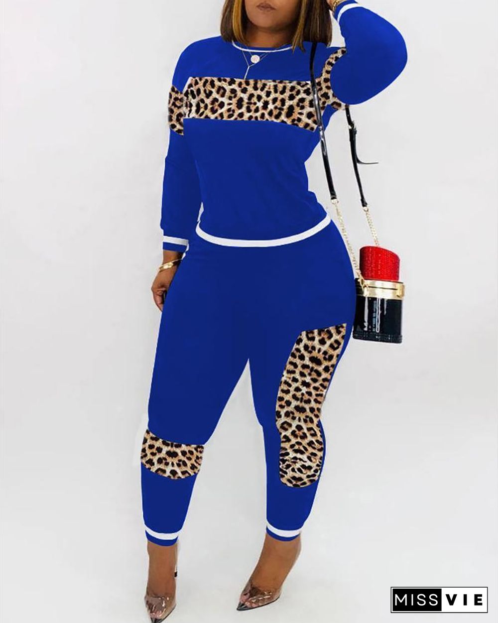 Solid Patchwork Leopard Long Sleeve Top & Pant Sets P15246