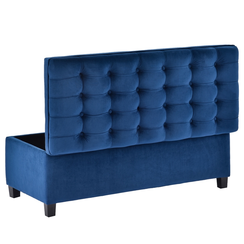 Blue Button Tufted Ottoman w/ Storage Bench Upholstered Fabrics