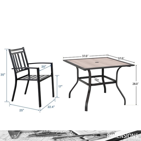 MAISON ARTS 5 Pieces Patio Dining Set with 4 Metal Stackable Chairs and 1 Square Table with WoodLike PVC Top and Umbrella Hole