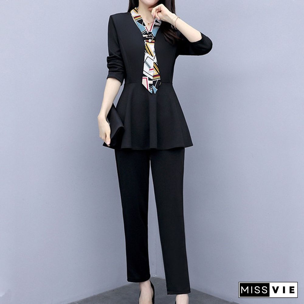 L-5Xl Black Autumn Two Piece Sets Outfits Women Plus Size Long Sleeve Tunics Tops And Pants Suits Elegant Office Ol Style Sets