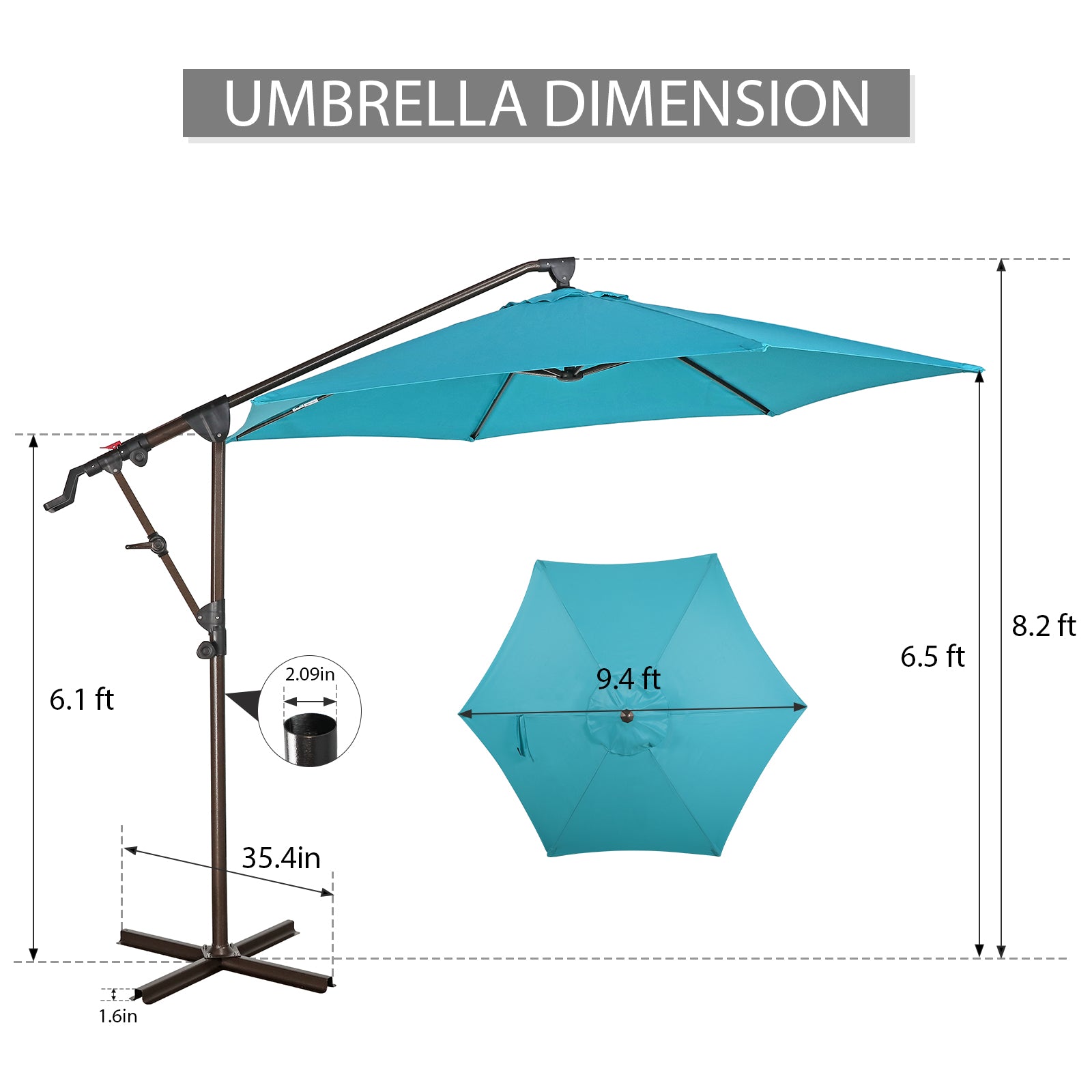 COBANA 9.4ft Offset Patio Umbrella with Base Included, Hanging Outdoor Umbrella with Water Sand Filled Umbrella Stand Weights, Blue