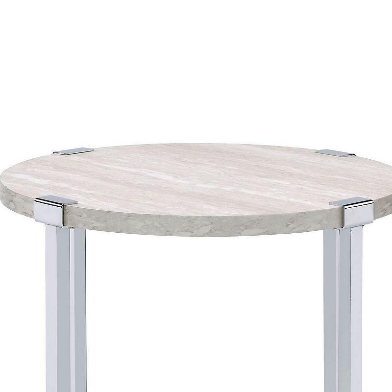 End Table with X Shaped Metal Base and Round Wooden Top，Silver and Beige