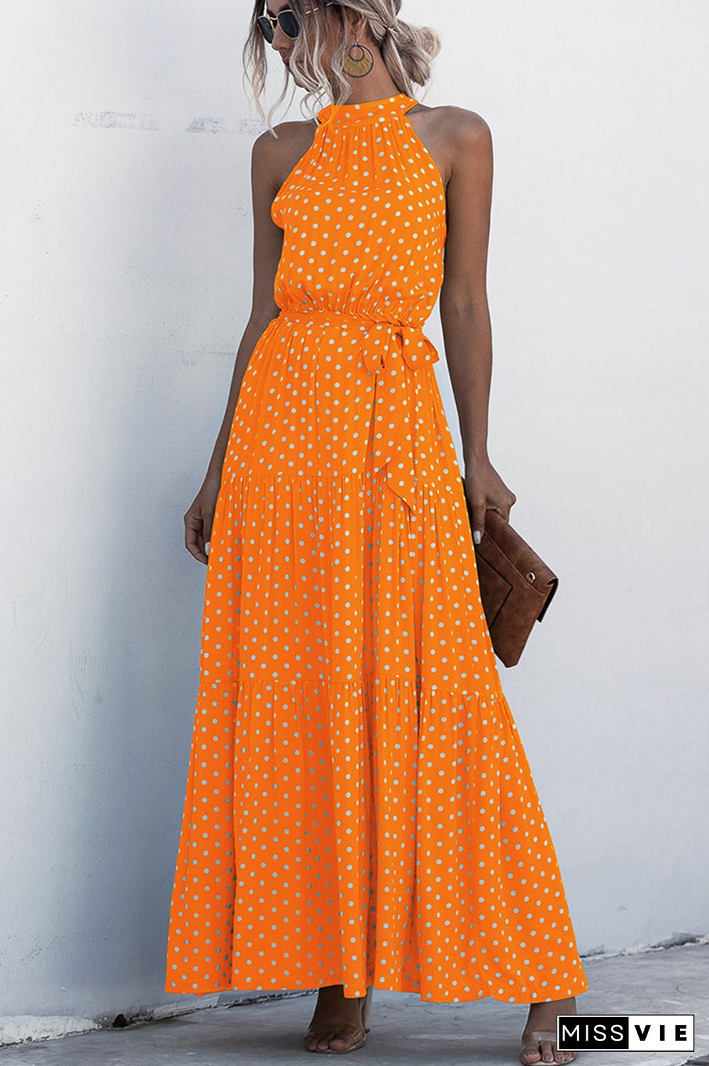 Halter Polka Dot Print Tie Waist Maxi Dress Wholesale