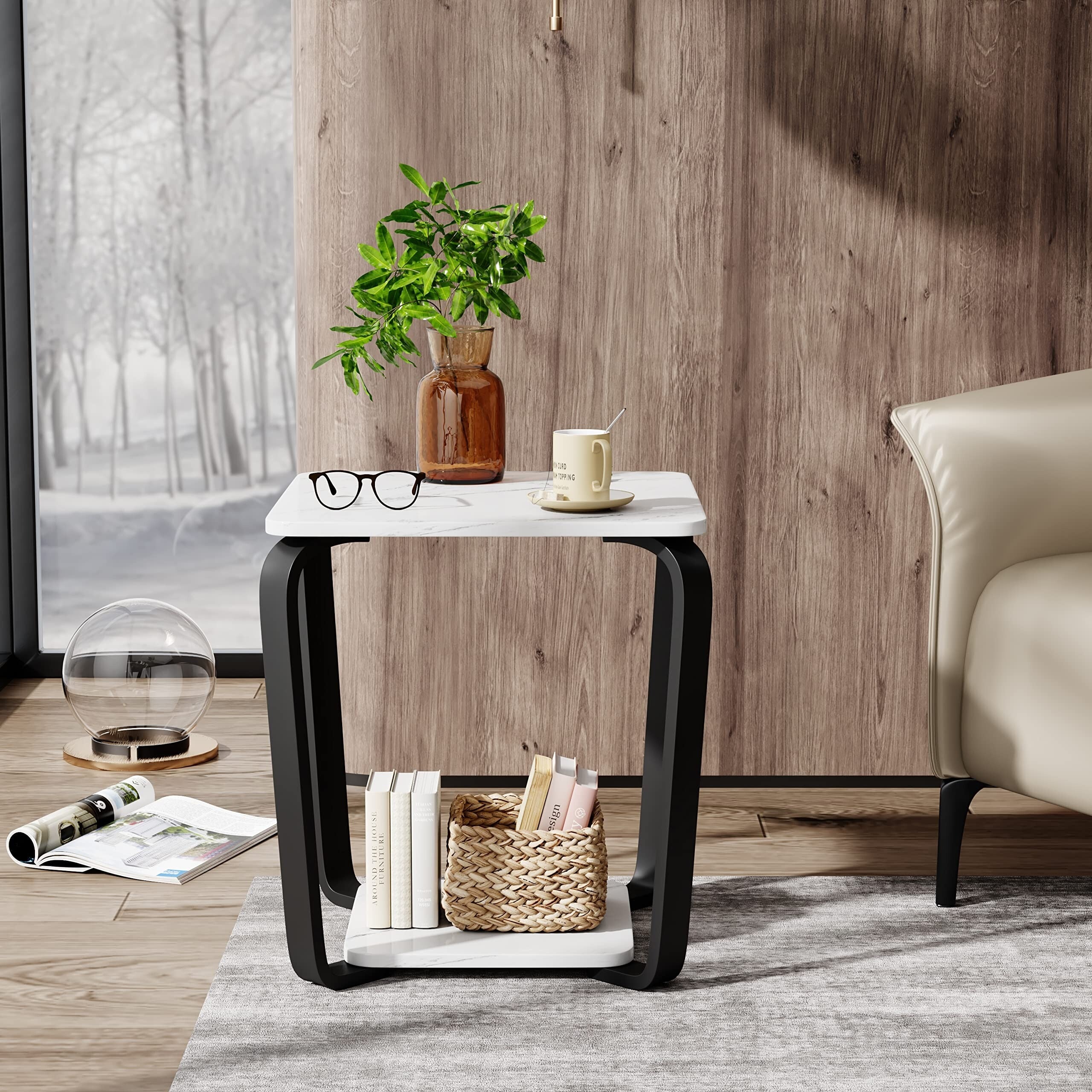 End Table Side Table with Storage Shelves， 2-Tier Table for Living Room Bedroom