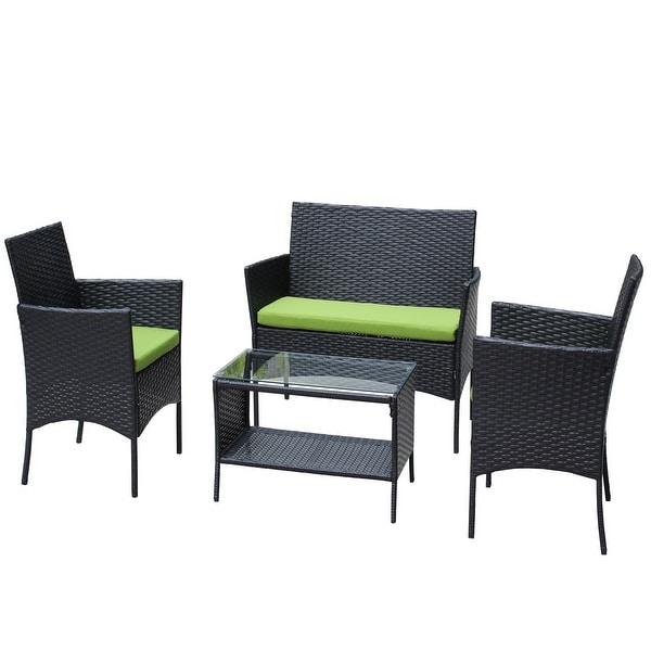 4Piece Wicker Patio Conversation Set with White Cushion