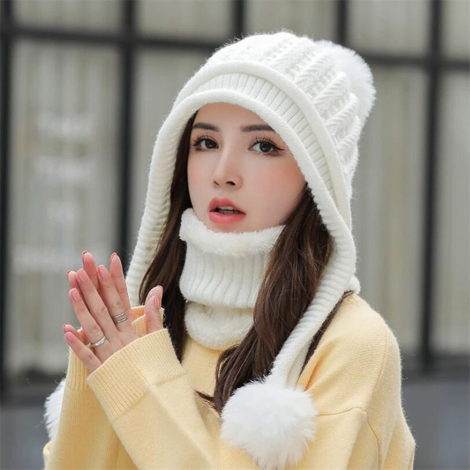 Women Winter Beanie Hat Peruvian Circle Scarf Set Ski Ear Flaps Caps Dual Layered Fleece Lined Pompoms E1925-baise -