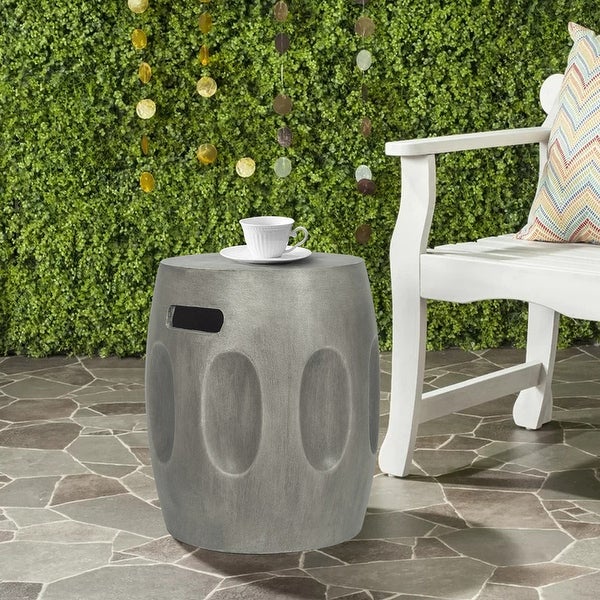 Adeco Concrete End Table with Handles Round Drum-Shaped Side Table