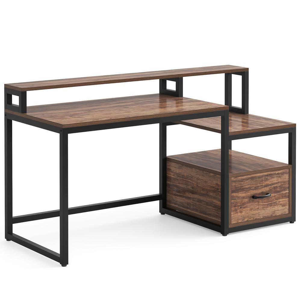 TRIBESIGNS WAY TO ORIGIN Halseey 59 in. Rectangular Brown Particle Board One Drawer Reversible Computer Desk with Monitor Stand and Storage Shelf TH-AL1573