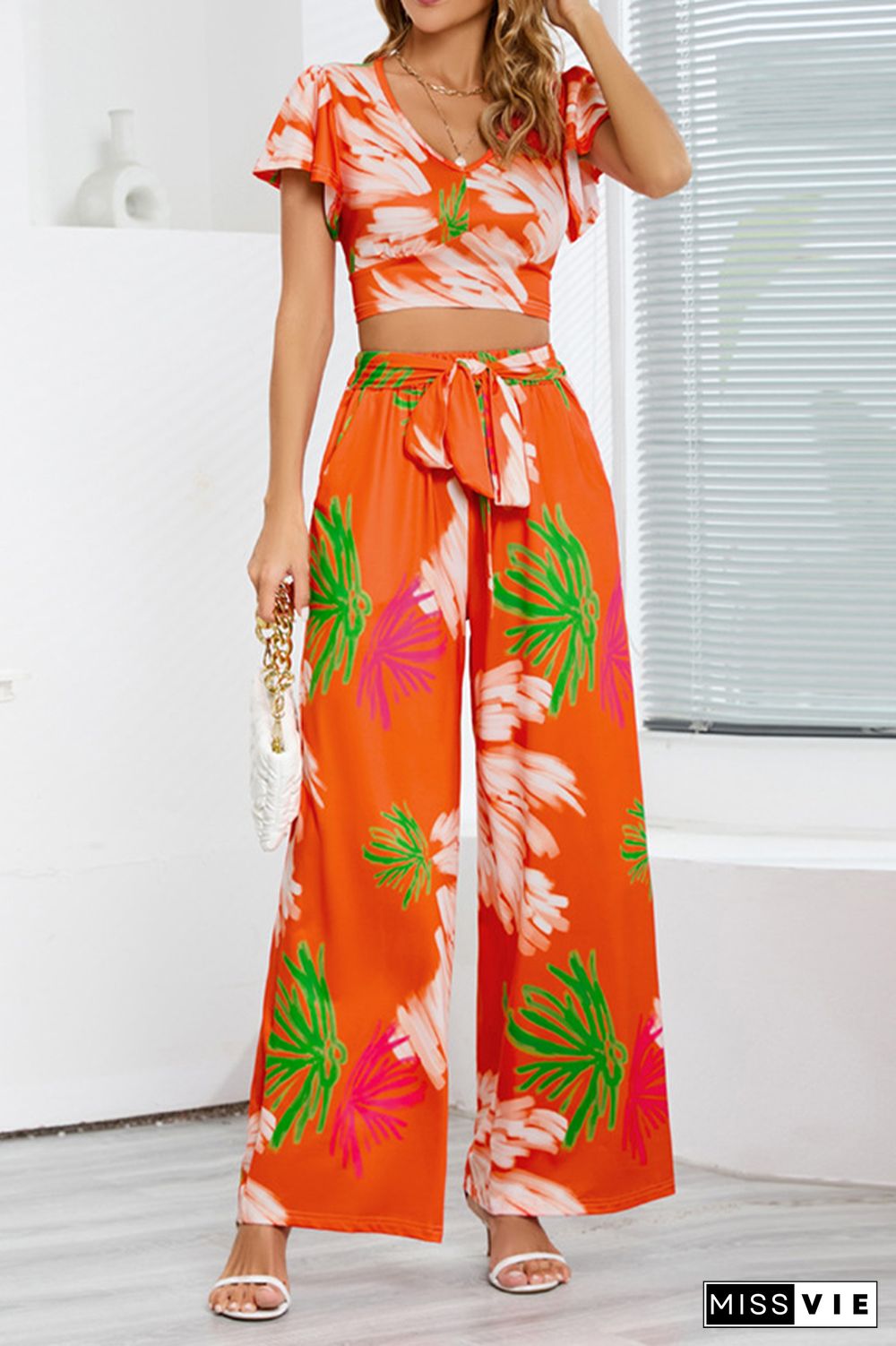 Leaf Print Crop Top and Wide Leg Pants Two Pieces Set