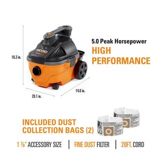 RIDGID 4 Gallon 5.0 Peak HP Portable WetDry Shop Vacuum with Fine Dust Filter Dust Bags Locking Hose and Accessories WD4070D