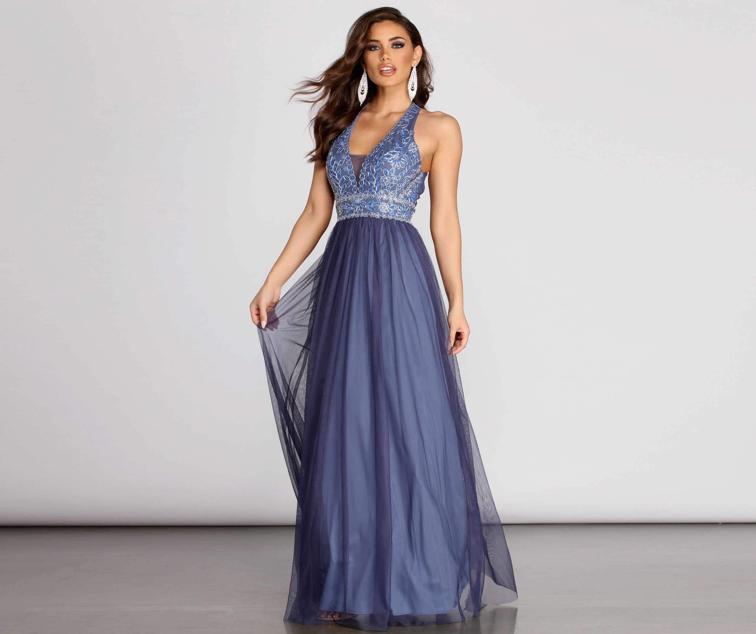 Taji Halter Applique Mesh Ball Gown