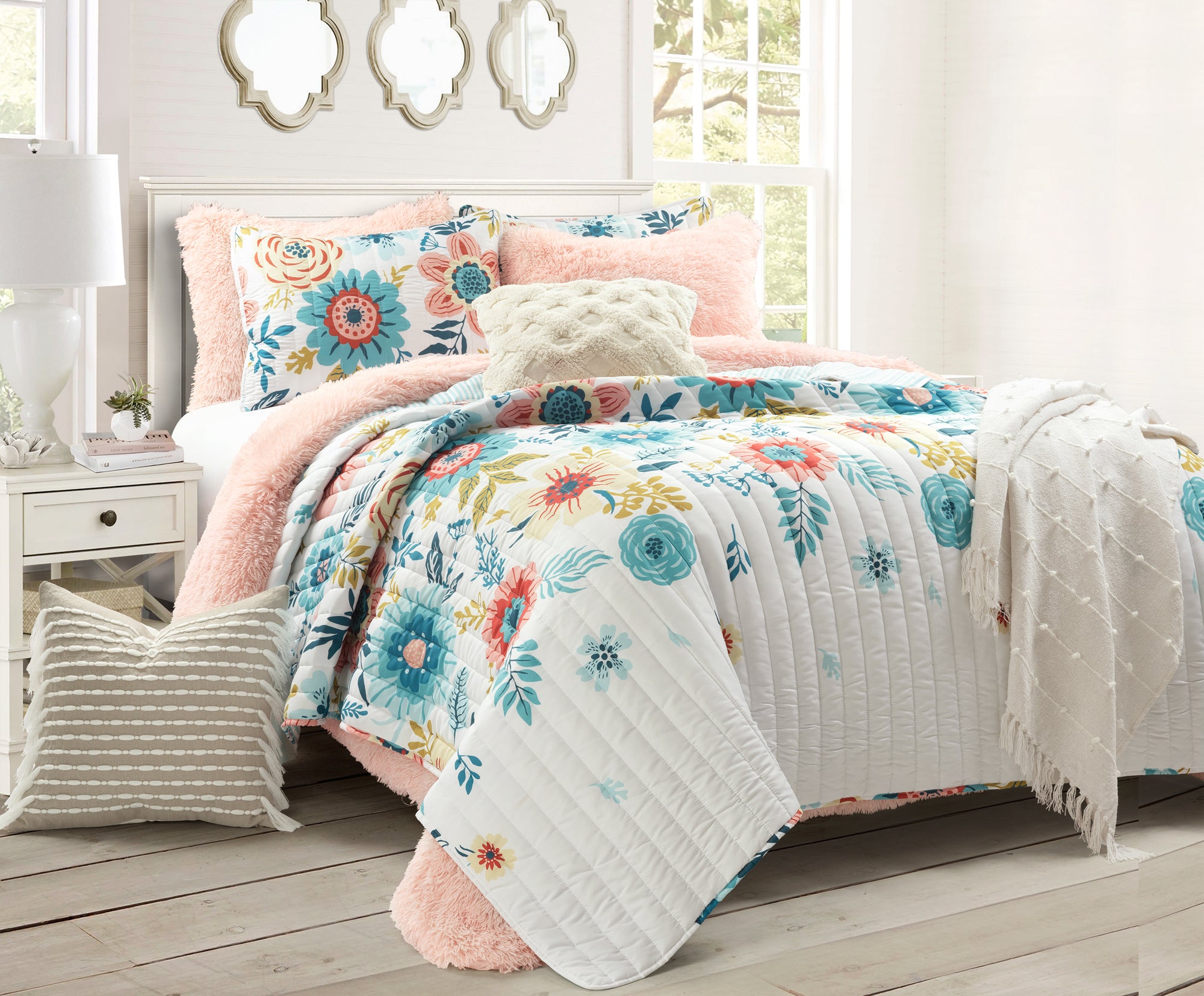 Bedding Bundle: Ariana Flower Quilt Set + Emma Faux Fur Comforter Set